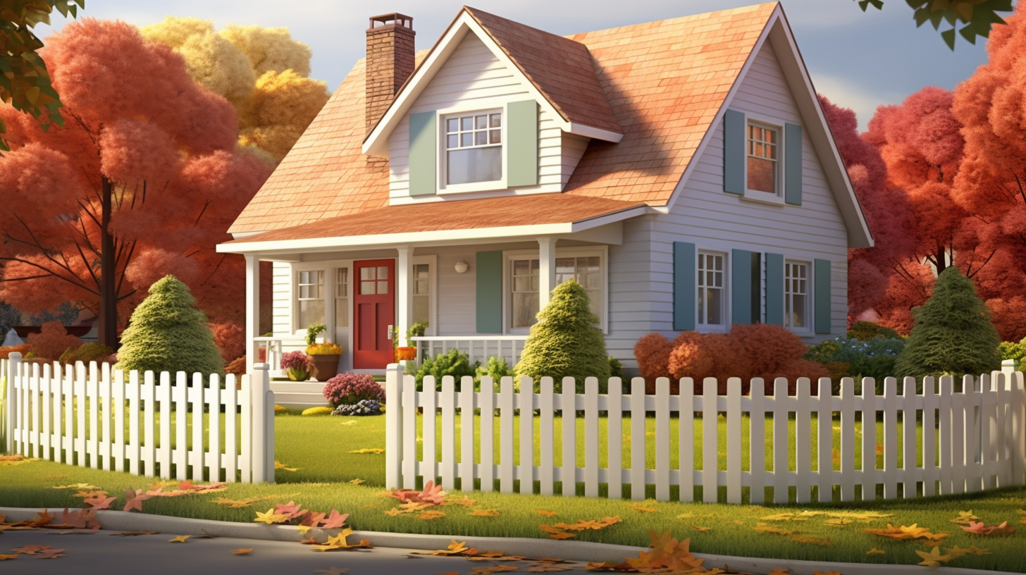 "Modern suburban house featuring a charming white picket fence"