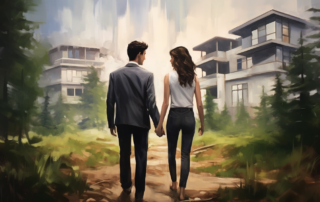 Couple in real estate business holding hands outdoors