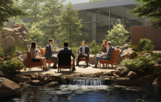 Real estate agents discussing with clients in an outdoor setting