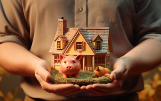 Person clutching a house-shaped piggy bank in their hand