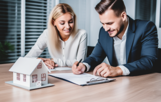 1. Alt text: "sign indicating a house for sale placed in a well-maintained yard" 2. Alt text: "a couple engaged in signing important mortgage documents" 3. Alt text: "professional real estate agent enthusiastically presenting a house to potential buyers" 4. Alt text: "set of shiny house keys placed on a wooden table"