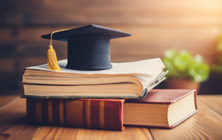 "real estate professional celebrating success with educational books and property model in the background"