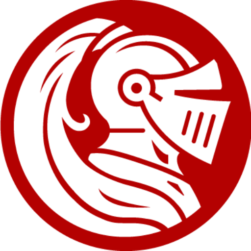 Cameron academy logo with a knight's head inside a red circle.