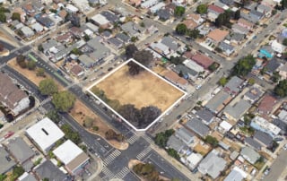 Aerial view of the vacant lot at 2500 76th avenue, eastmont, oakland, bound for affordable housing development.