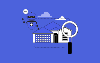 Stylized image depicting ai and real estate integration with a friendly robot and house outline.