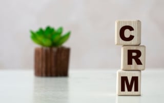 A stack of wooden blocks forming the acronym "crm" with a succulent plant