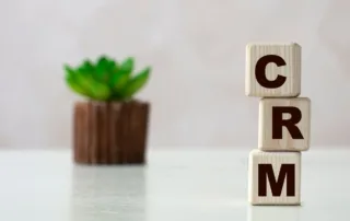 A stack of wooden blocks forming the acronym "crm" with a succulent plant