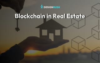 Silhouette hand holding a house model with blockchain motifs in the background.