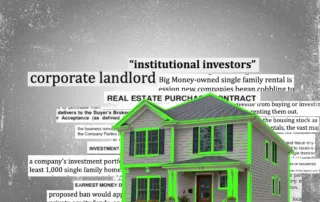 Digital collage highlighting a classic two-story house with green lines, set against document snippets on real estate themes
