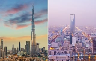 Side-by-side comparison of vibrant cityscapes featuring striking skyscrapers and innovative high-rise designs.