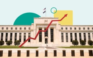 Federal reserve building with increasing trend arrow