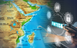 Image depicting the impact of financial technology in sub-saharan african countries, with a map and digital overlays highlighting key concepts.