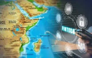 Image depicting the impact of financial technology in sub-saharan african countries, with a map and digital overlays highlighting key concepts.