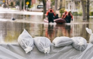 Flooded street scene with sandbags and rescue team