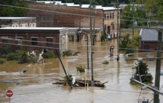 Flooded urban area affected by a hurricane with submerged streets and visible damage