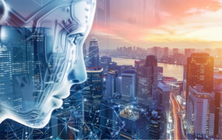 A large translucent humanoid ai face overlooking a bustling cityscape