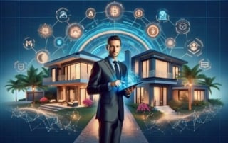 Businessman with digital tablet in front of a modern house