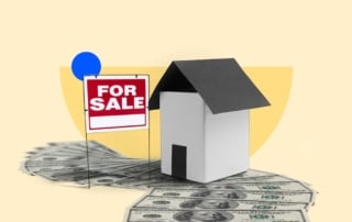 Conceptual illustration image of a house sale with currency path