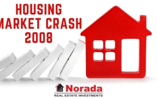 Conceptual graphic depicting the 2008 housing market crash, with dominoes symbolizing the chain reaction leading to the downturn.