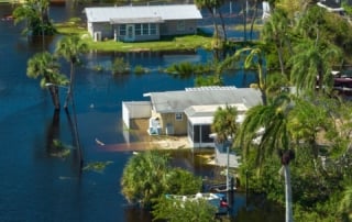 Flooded residential area during a hurricane with homes partially submerged and palm trees bent from strong winds