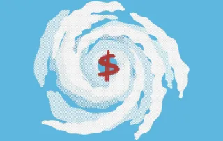 Stylized depiction of hurricane helene with a red dollar symbol