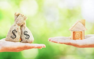 Hands holding bags of money and a wooden house against a green background