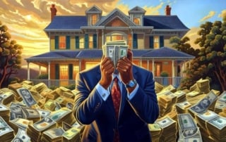 An illustration showing a well-dressed individual standing with cash in front of a luxurious house