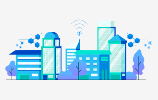 A stylized illustration of a cityscape with blockchain symbols and real estate theme