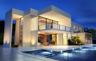 Image of a modern luxury house with a sleek design and ambient lighting