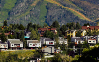 A mountainside town with diverse residential homes amidst lush greenery, illustrating a housing affordability issue.