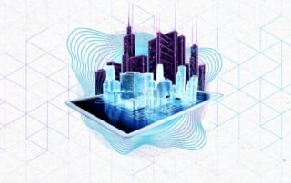 Futuristic cityscape emerging from a digital tablet, symbolizing technology's impact on real estate.