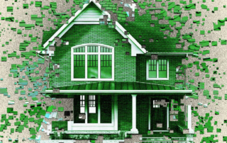 Stylized illustration of a suburban house in shades of green with a fragmented effect, symbolizing change in the housing market.