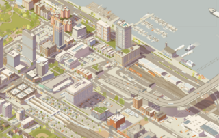 Isometric illustration of urban infrastructure and real estate integration