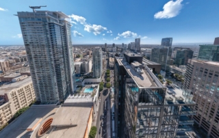 Urban landscape with high-rise buildings and light traffic