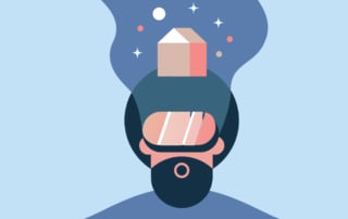 Abstract illustration of a person with a virtual reality headset and house symbol