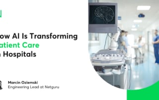 A digital banner showcasing the integration of ai in hospital patient care, featuring the article's title and a hospital setting.