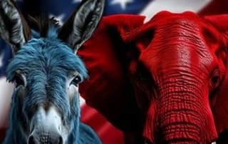 Close-up of a blue donkey and red elephant with an american flag background, symbolizing u. S. Political parties