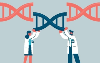 Illustration of scientists working on dna strand