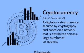 Blue background with bitcoin symbol, black bar graphs, and cryptocurrency definition