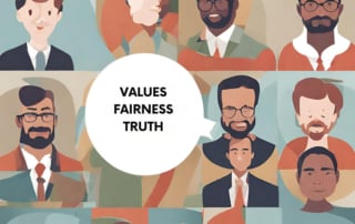 An abstract illustration of stylized portraits with a focus on ethical principles like "values," "fairness," and "truth"