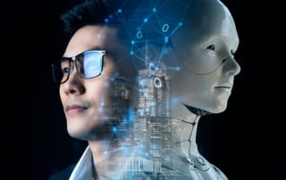 Image of fused human and ai robot faces with cityscape