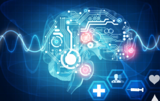 Image depicting a digital brain integrated with circuit-like patterns, symbolizing advanced healthcare technology.