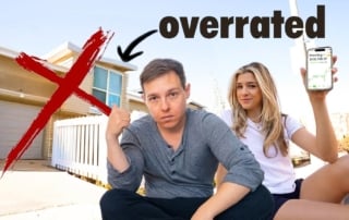 Image showing two people: one frowning in front of a house with a disapproval gesture, and another holding an investment app on a phone.