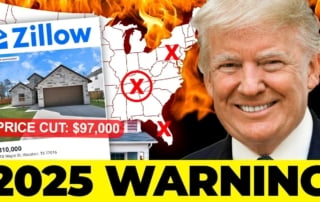 A composite image juxtaposing a zillow listing with a u. S. Map engulfed in flames and the text '2025 warning,' highlighting potential housing market issues in houston.