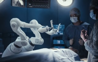 A surgical operation using robotic technology in a modern hospital setting.