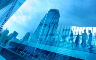 City skyline and building interior reflections