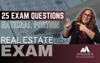 Real estate exam prep graphic featuring a scantron sheet and a woman in glasses.