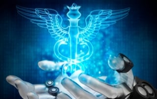 Robotic hand reaching out with holographic caduceus, symbolizing ai's role in healthcare advancements.