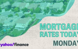 Aerial view of a suburban neighborhood with bold text about current mortgage rates.