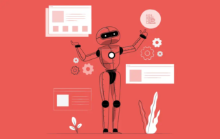 An illustration of a cartoon-style robot on a coral-red background, symbolizing ai and technology in medical diagnosis.